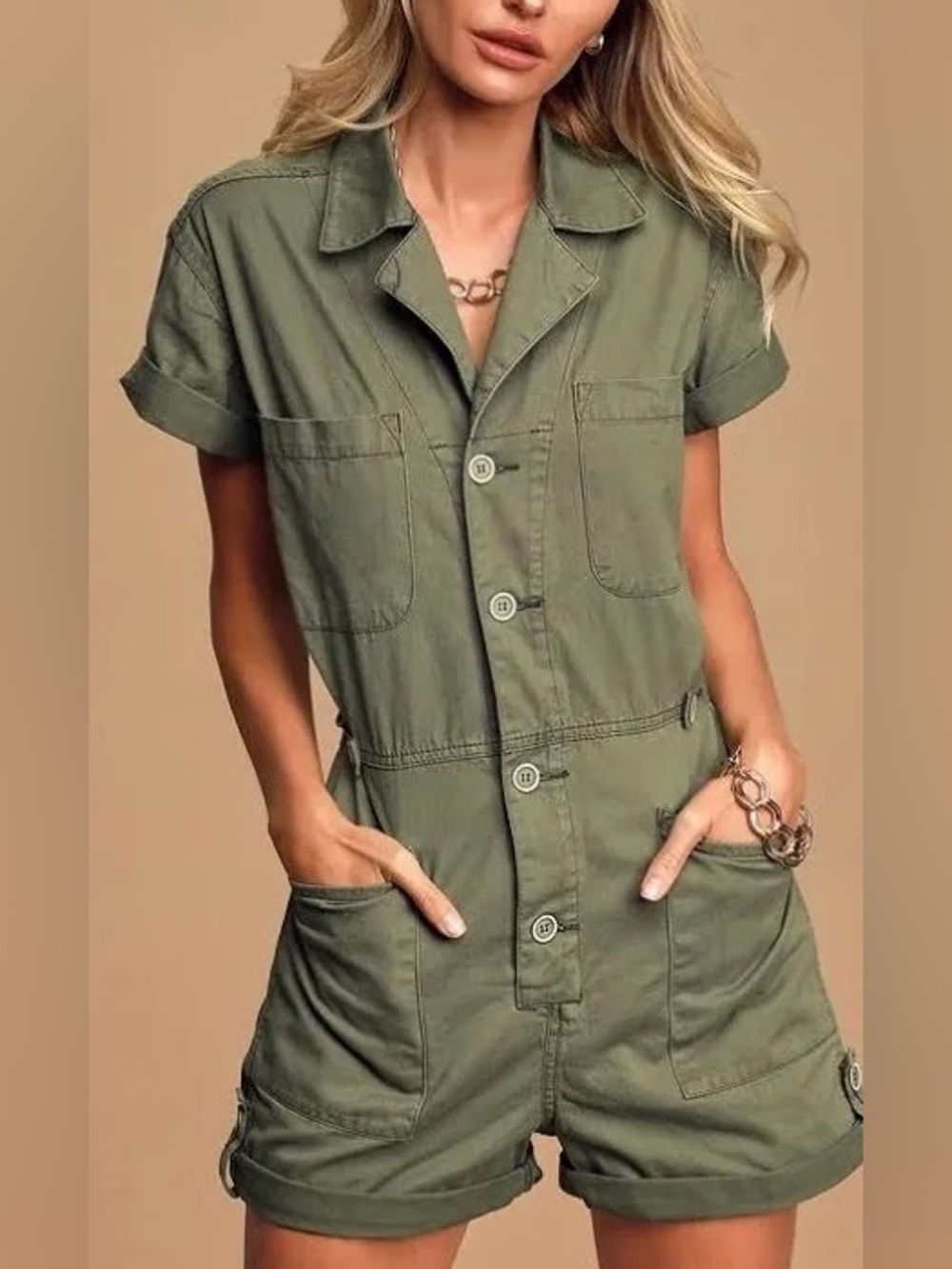 pistola Olive Green Short-Sleeve Utility Romper